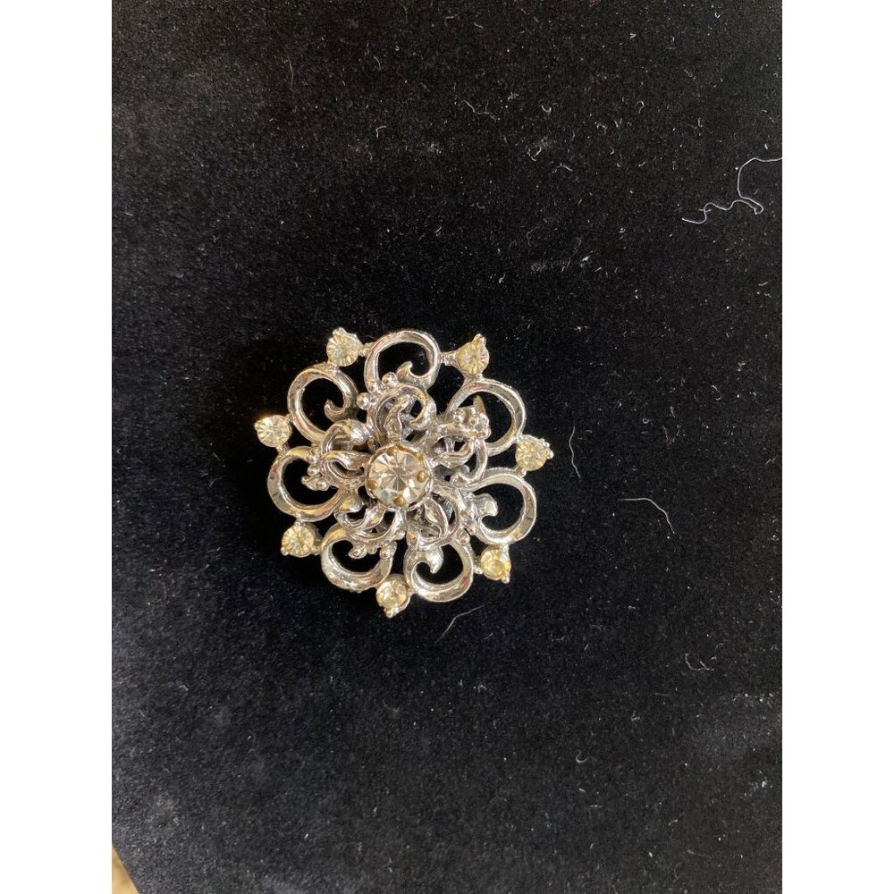 Vintage Silver Tone Filigree Rhinestone Brooch Round Floral Pin Mid Century Glam